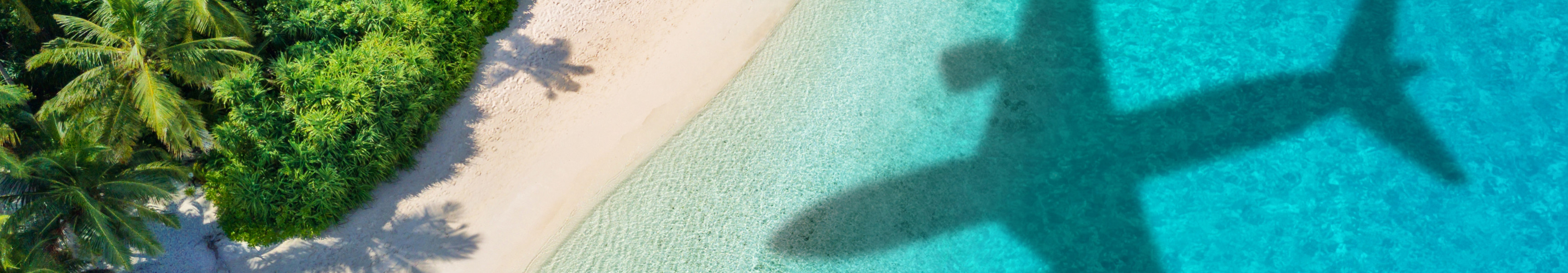Luftaufnahme eines tropischen Strandes mit wei&szlig;em Sand, gr&uuml;nen Palmen und kristallklarem t&uuml;rkisfarbenem Wasser, &uuml;ber das der Schatten eines Flugzeugs zieht.